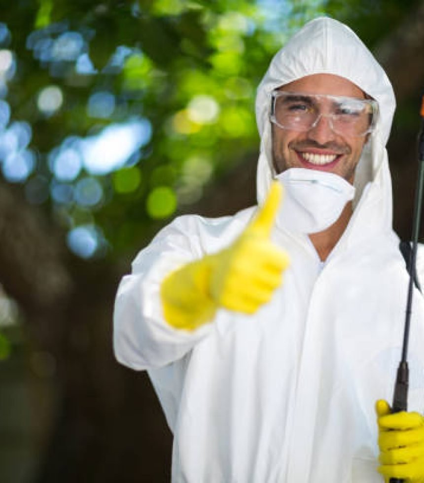 Portrait of man showing thumbs up while holding insecticide sprayer in lawn